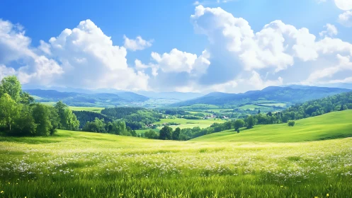 Bright green valley landscape under wide blue sky.