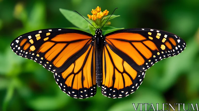 Monarch butterfly rests on yellow blossom in soft focus garden.