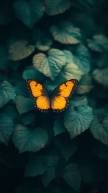 Macro study of orange butterfly on teal foliage bokeh field