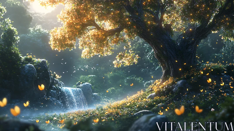 Enchanted oak and butterflies illuminate a misty forest glade