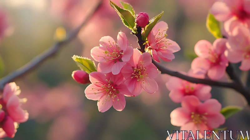 Pink Peach Blossoms on Branches at Blooming Stage