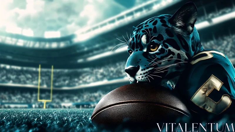 Jaguar mascot in football gear guarding ball on field.