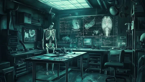 Skeleton stands in dim laboratory surrounded by medical displays
