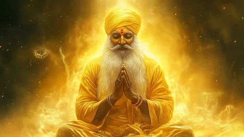 Luminous sage in golden meditation amid swirling cosmic light.