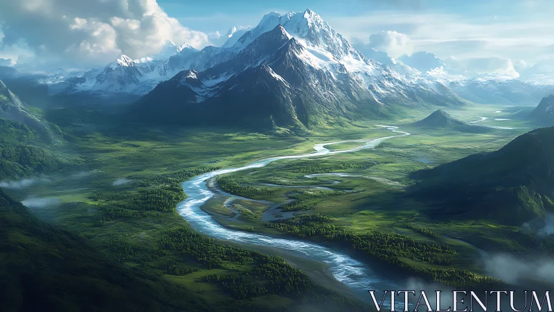 Snowcapped mountain range above winding river valley.