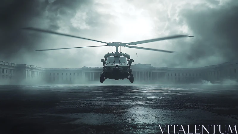 Military helicopter hovers over wet tarmac before large building