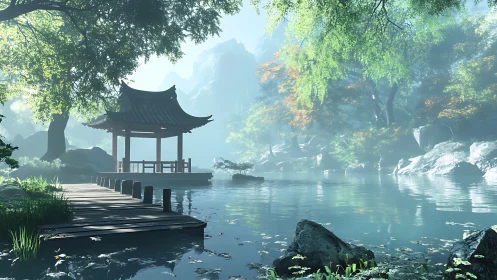 Serene 3D-rendered lakeside pavilion framed by misty forest