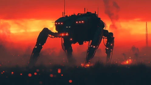 Quadruped combat mech advances through smoky, ember lit wasteland