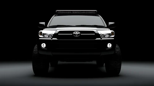 Black Toyota SUV front view in dark studio lighting.