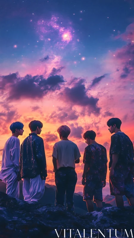 Five silhouetted figures stand before a vivid nebula sky