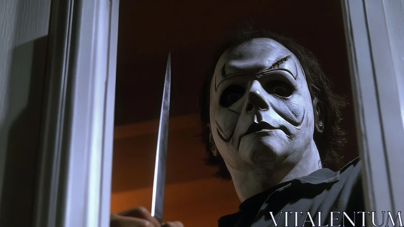 Masked knife-wielding figure framed in dim doorway light