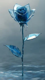 Single blue glass rose stands frozen above reflective water