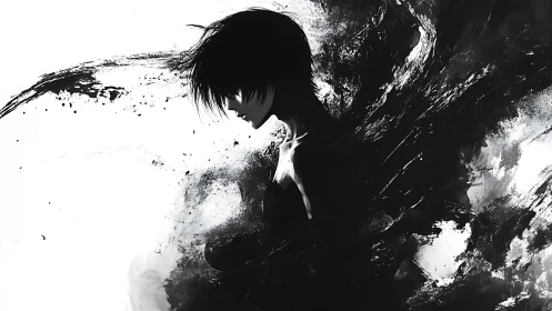 Monochrome profile portrait dissolves into dynamic ink splatter