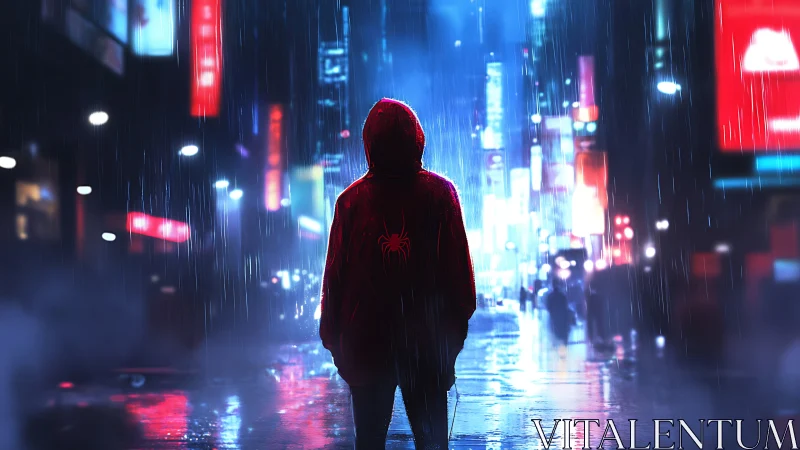 Rain-soaked hero pauses under neon lights in the city night