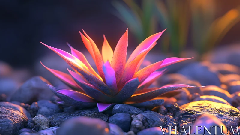 Glowing succulent unfurls warm neon light over river stones