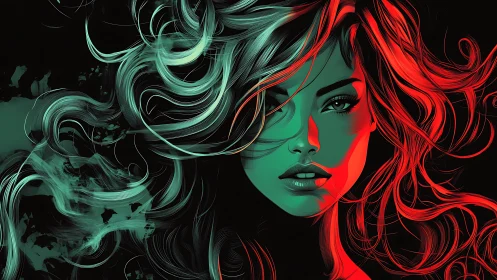 Neon-lit femme portrait merges flowing hair with bold contrast