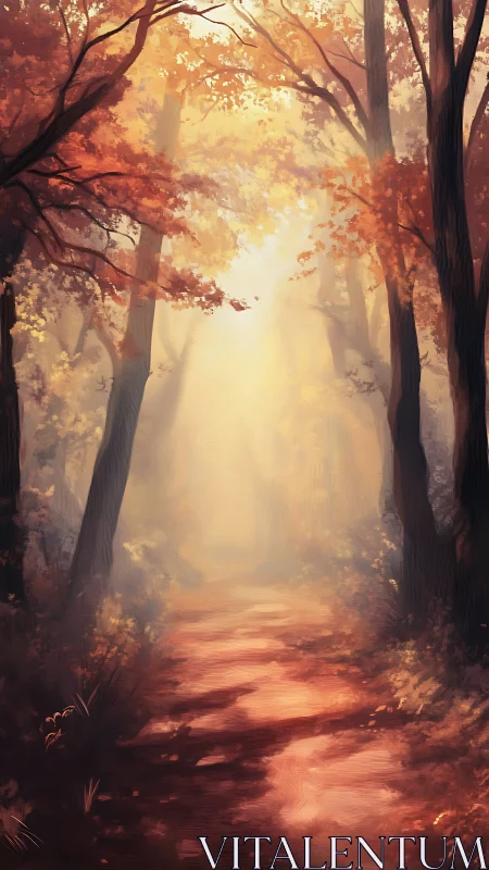 Autumn's Glowing Path Through the Misty Forest