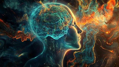 Neon human mind glows amid swirling cosmic energy clouds