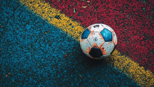 Weathered soccer ball on vivid tricolor asphalt court.