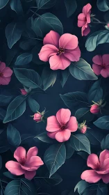 Pink Blooms Against Teal Foliage in Digital Botanical Composition