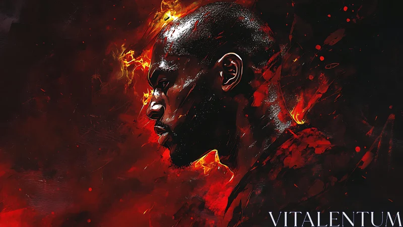 Fiery portrait silhouette glows within swirling red embers.