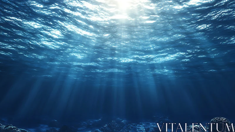 Sunlit underwater seascape with blue water and seabed rocks.