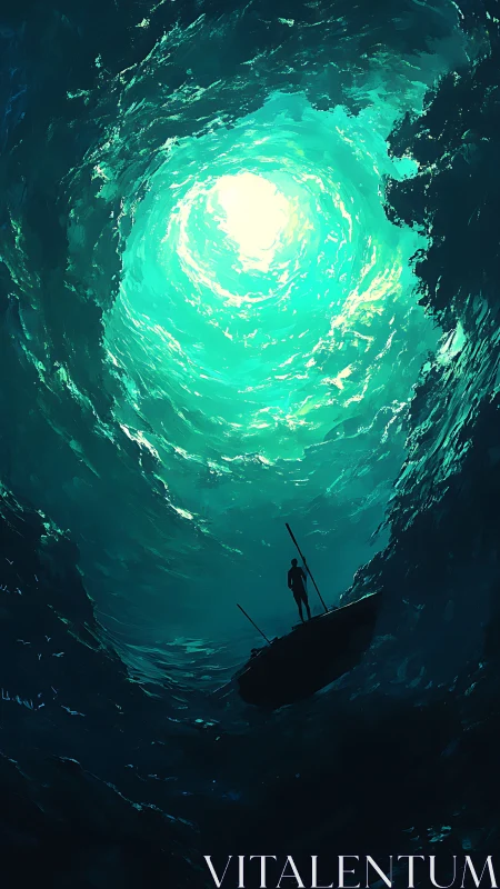 Lone figure on small boat under vast swirling ocean light