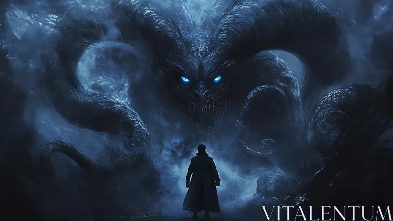 Solitary figure confronts colossal horned abyssal creature