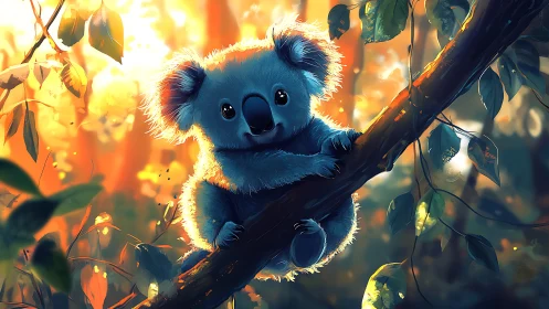 Glowlit koala dreamily perches in a sun-drenched forest bough.