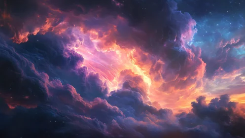 Radiant sunset clouds opening a dreamy cosmic sky.
