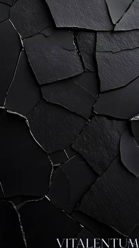 Shattered matte black stone plates forming abstract surface.