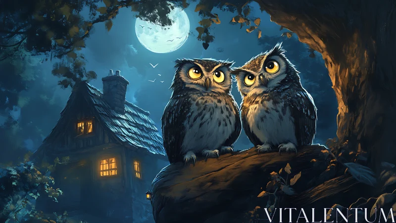 Cozy moonlit owls sharing secrets by a glowing cottage.