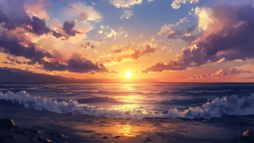 Sunlit tide waltzes under candy-cloud dusk horizon.