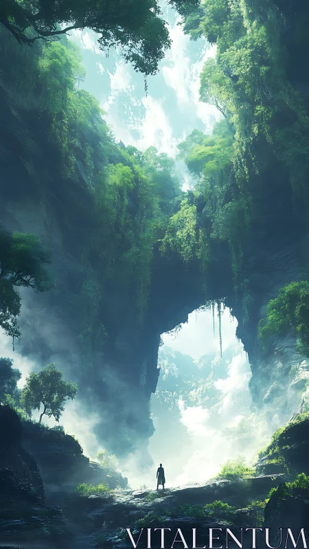 Vertical canyon portal with backlit mist and lone human figure