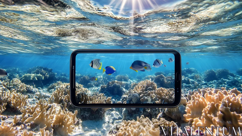 Smartphone frame showing tropical coral reef scene underwater.