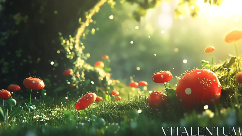 Red mushrooms on forest floor under diffuse sunlight.