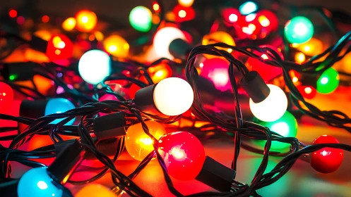 Multicolor LED bulb string tangled in dense luminous array.