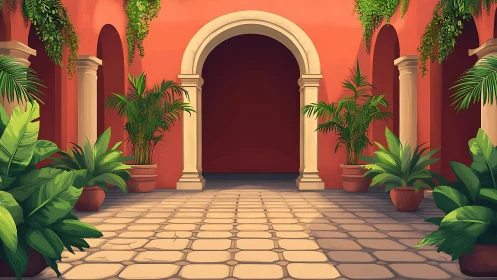 Mediterranean courtyard arcade with terracotta walls and palms