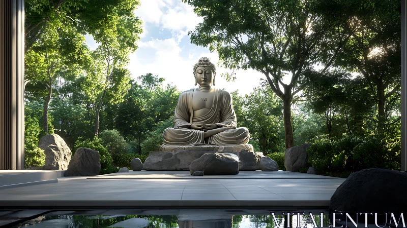 Serene stone Buddha statue amid lush modern zen garden.