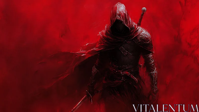 Red cloaked assassin emerging from abstract crimson void.