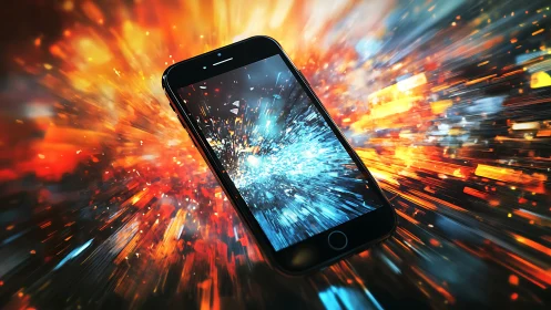 Dynamic smartphone explosion in high-speed digital concept art.