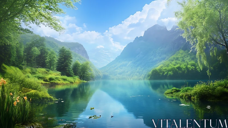 Mountain lake with surrounding forest and distant peaks.