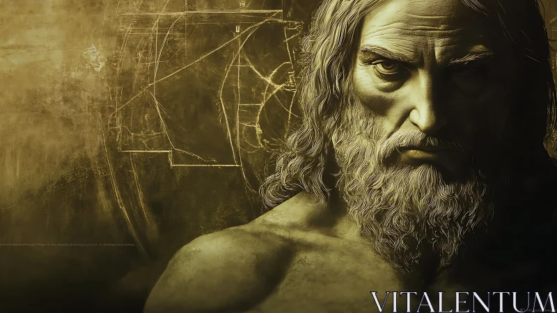 Brooding bearded figure emerges from golden geometric shadows