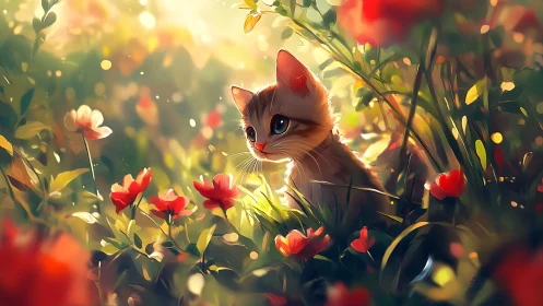 Feline Portrait in Sunlit Wildflower Garden with Luminous Atmospheric Effect