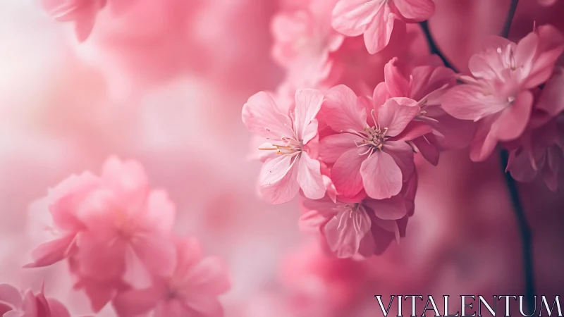 Macro optical study of pink cherry blossoms in shallow focus.