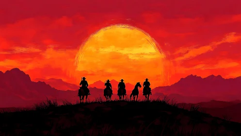 Four mounted riders cross ridge before oversized red sunset