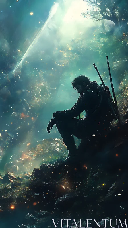 Solitary armored figure resting in luminous forest scene.
