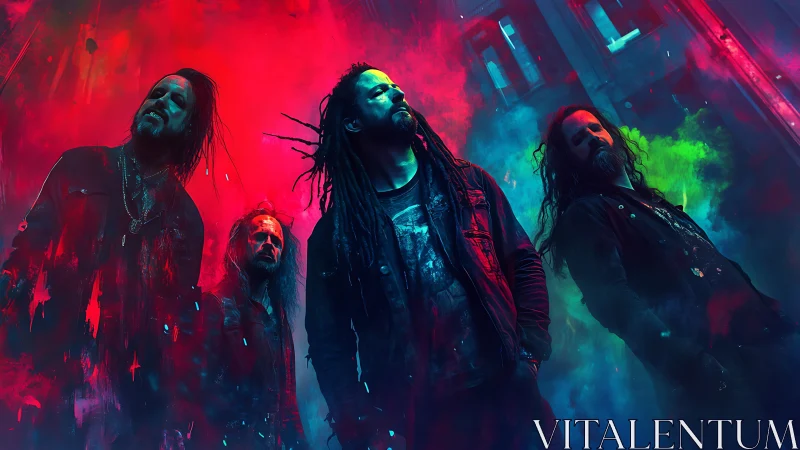 Neon storm crowns a rock band wandering through painted smoke