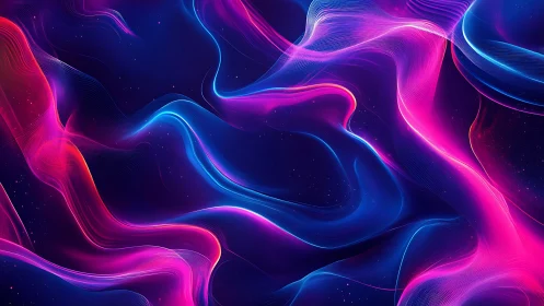 Neon pink and blue flowing waves on dark abstract background.