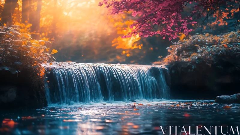 Glowing forest waterfall shimmers beneath autumn sunrise.